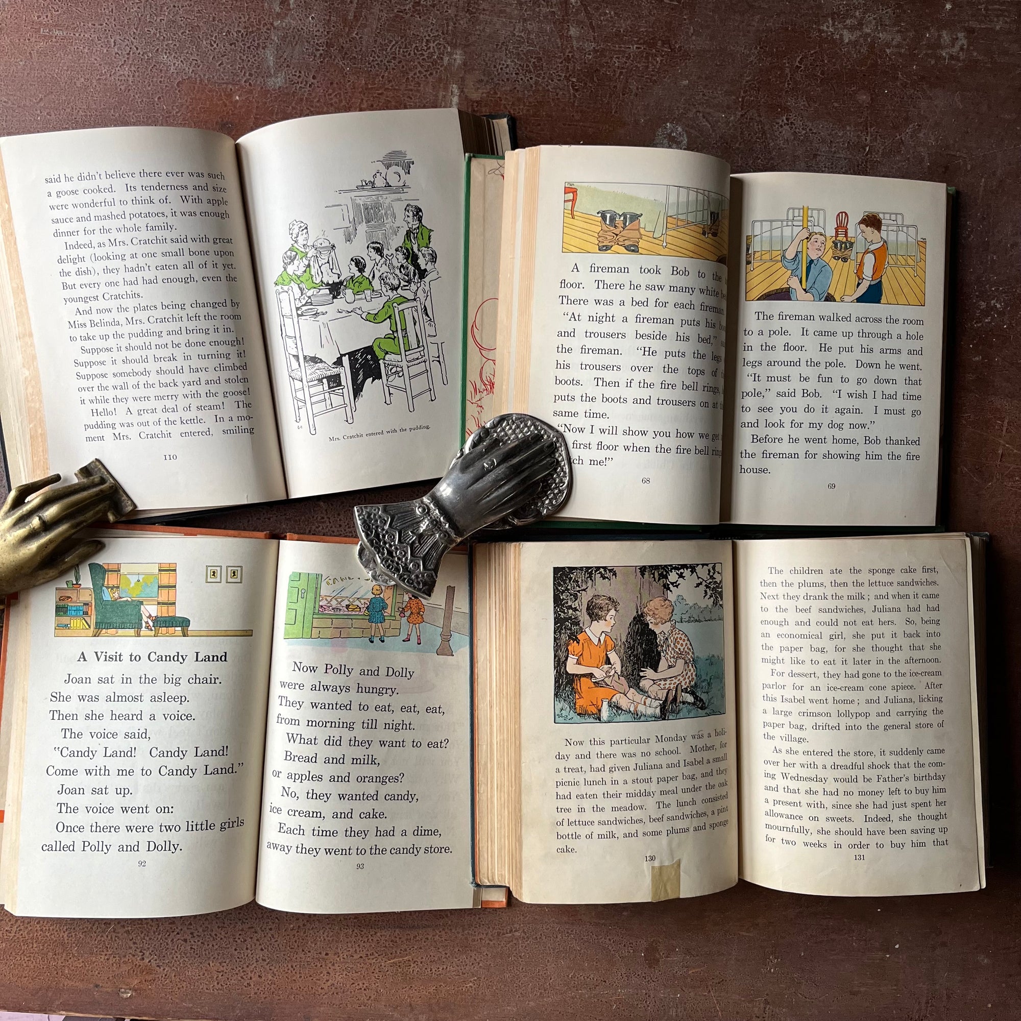 Vintage Schoolbook Set of 4 for Teaching-Learning to Read-Reading for Enjoyment, Friends About Is, City and Country & Pleasant Lands-antiquarian school books-view of the illustrations in each book