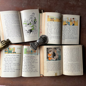 Vintage Schoolbook Set of 4 for Teaching-Learning to Read-Reading for Enjoyment, Friends About Is, City and Country & Pleasant Lands-antiquarian school books-view of the illustrations in each book