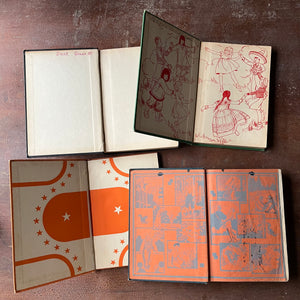 Vintage Schoolbook Set of 4 for Teaching-Learning to Read-Reading for Enjoyment, Friends About Is, City and Country & Pleasant Lands-antiquarian school books-view of the inside covers three of which have designs