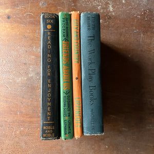 Vintage Schoolbook Set of 4 for Teaching-Learning to Read-Reading for Enjoyment, Friends About Is, City and Country & Pleasant Lands-antiquarian school books-view of the spines