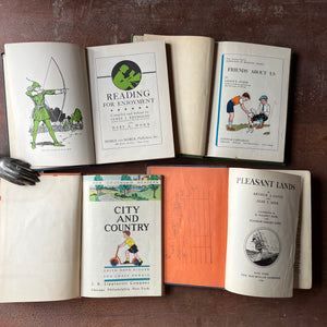 Vintage Schoolbook Set of 4 for Teaching-Learning to Read-Reading for Enjoyment, Friends About Is, City and Country & Pleasant Lands-antiquarian school books-view of the title pages
