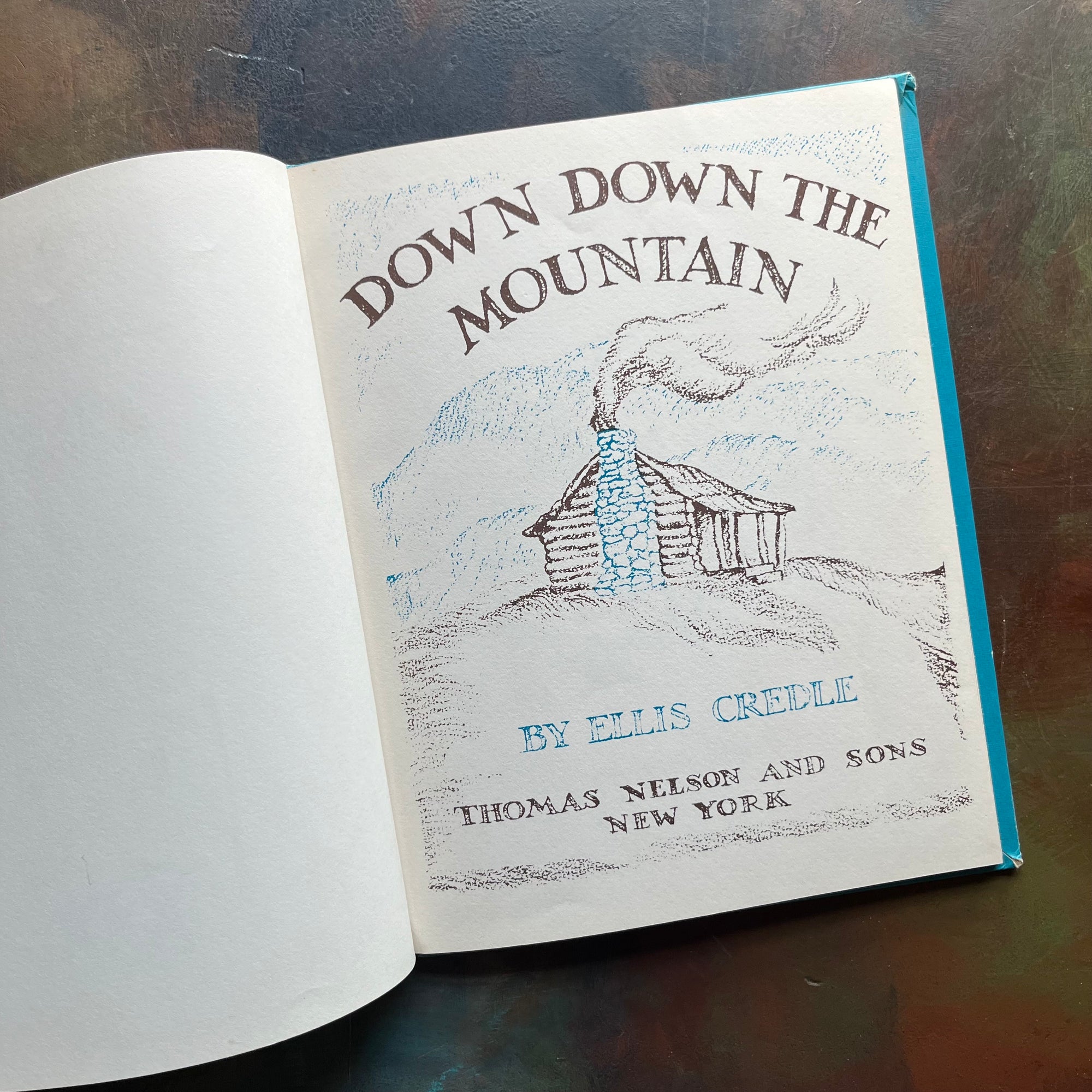 Vintage children's picture book-Down Down The Mountain written and illustrated by Ellis Credle - A Weekly Reader Children's Book Club Edition-view of the title page