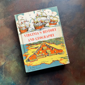 Virginia's History & Geography-Our Home Virginia & The World-vintage US History textbooks-America250-view of the front cover with ships and Jamestown Island depicted.