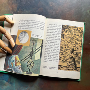 Vintage Green book titled 'Tomorrow the Moon' by Walt Disney on a textured surface-A Tomorrowland Adventure Book-Walt Disney Productions-living science book for kids-view of the illustrations
