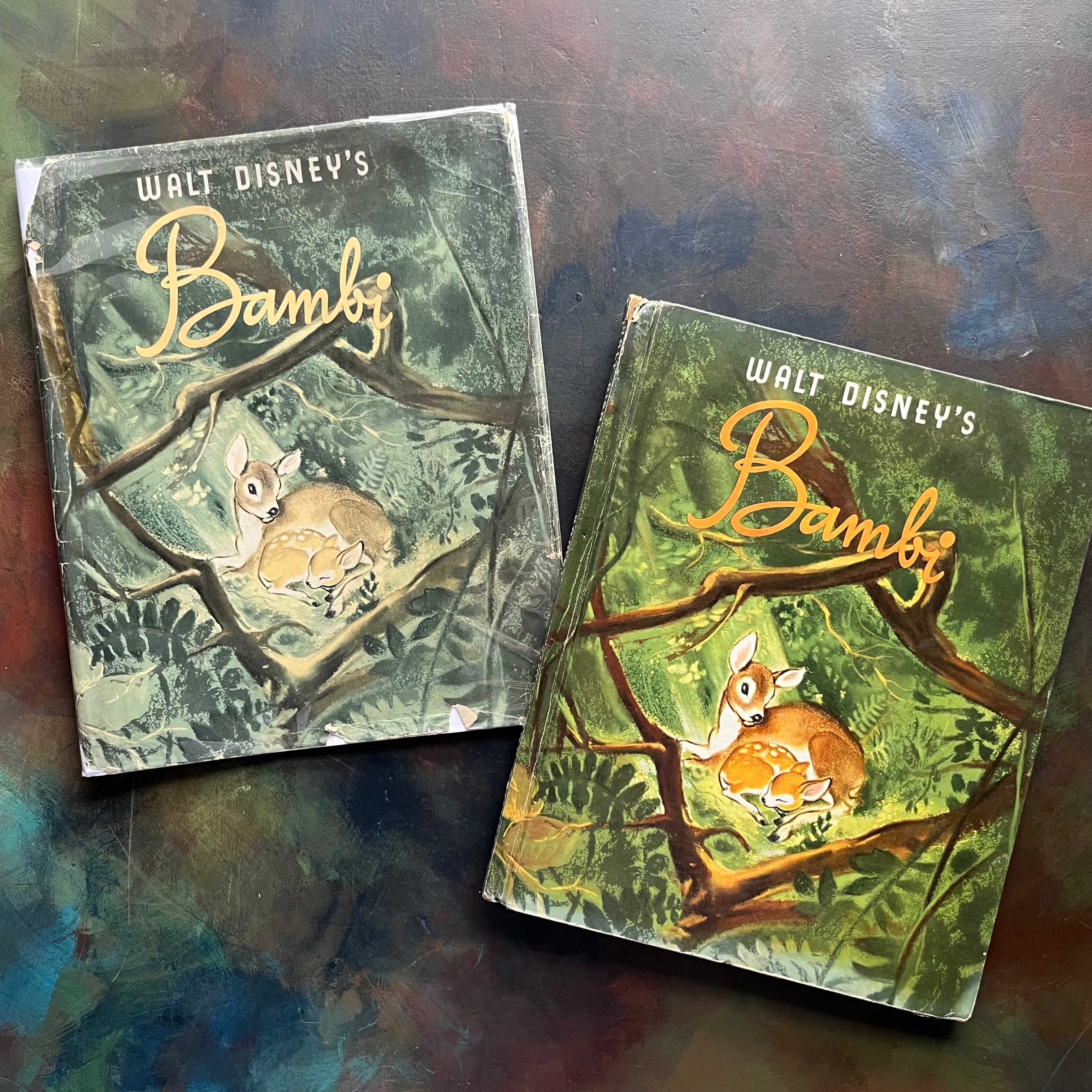 Walt Disney's Bambi- 1941 First Edition-vintage children's picture book-classic children's literature-view of the front cover with the same image as the dust jacket - Bambi as a fawn with his mother tucked into the woods with a ray of sunshine shining down on them