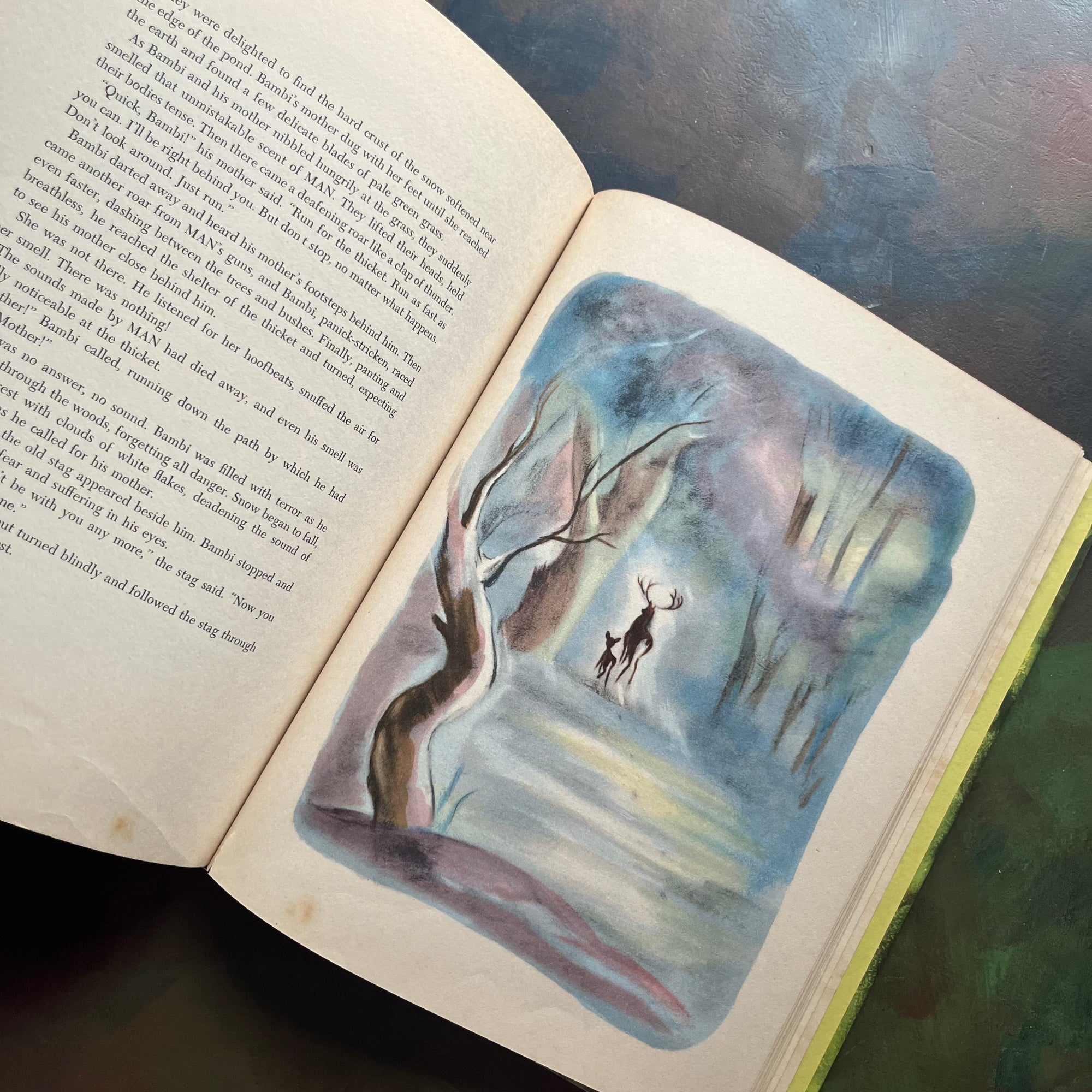 Walt Disney's Bambi- 1941 First Edition-vintage children's picture book-classic children's literature-view of the full-page, color illustration of Bambi walking with his father in the snow