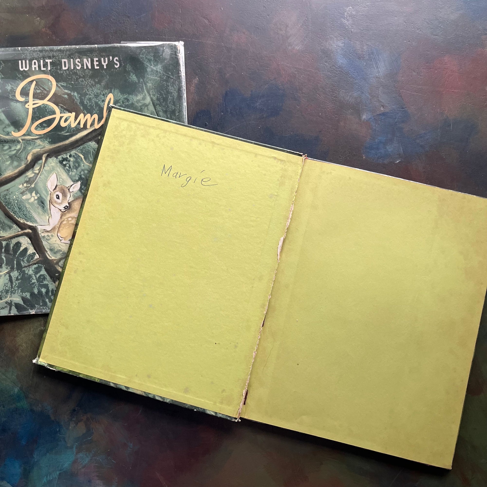 Walt Disney's Bambi- 1941 First Edition-vintage children's picture book-classic children's literature-view of the inside cover with a first name written in ink noted