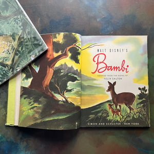 Walt Disney's Bambi- 1941 First Edition-vintage children's picture book-classic children's literature-view of the title & frontispiece piece depicting a colorful scene with bambi & his mother looking out over a lake or valley
