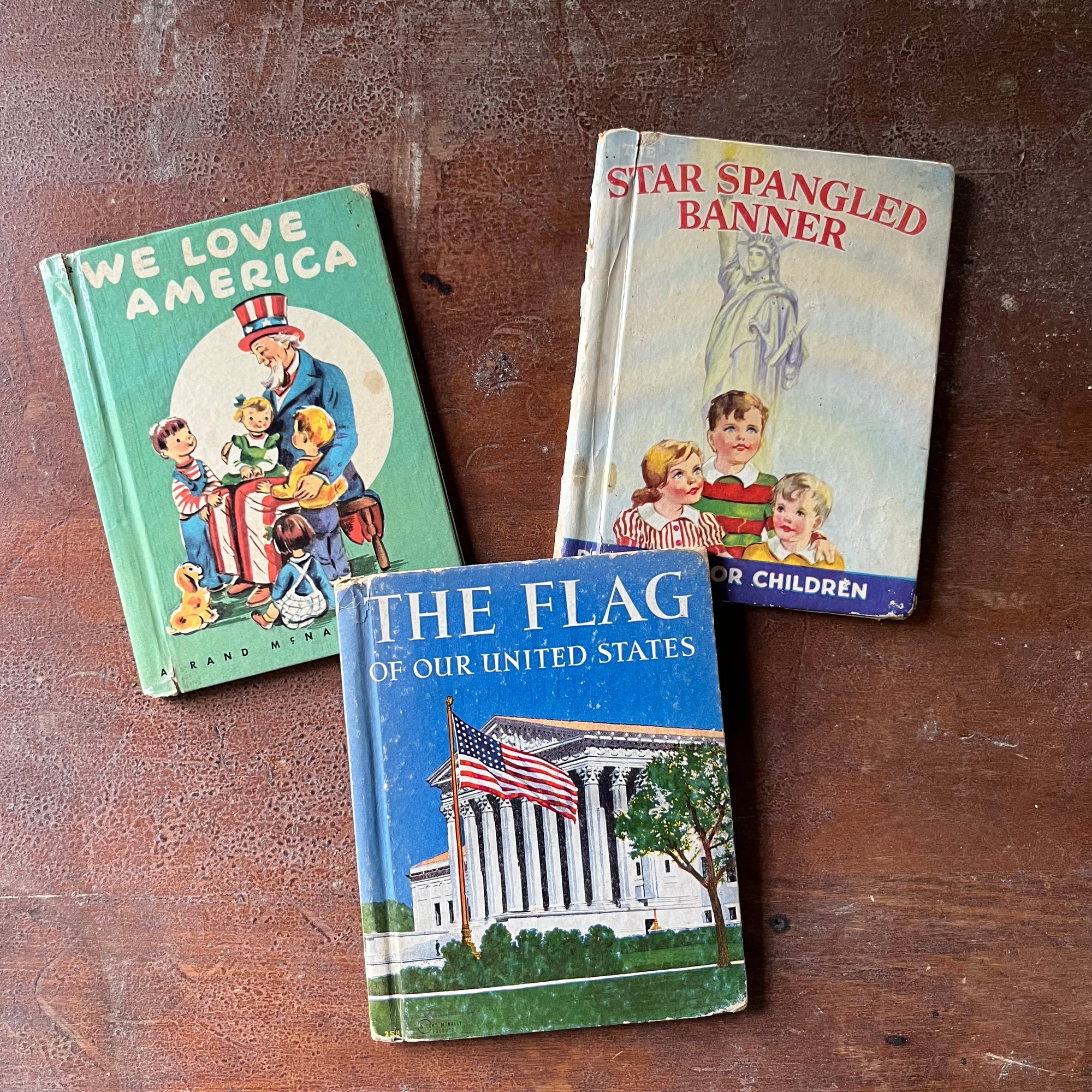 vintage children's picture books, Rand McNally Book - We Love America, The Star Spangled Banner, The Flag of the United States - view of the front covers