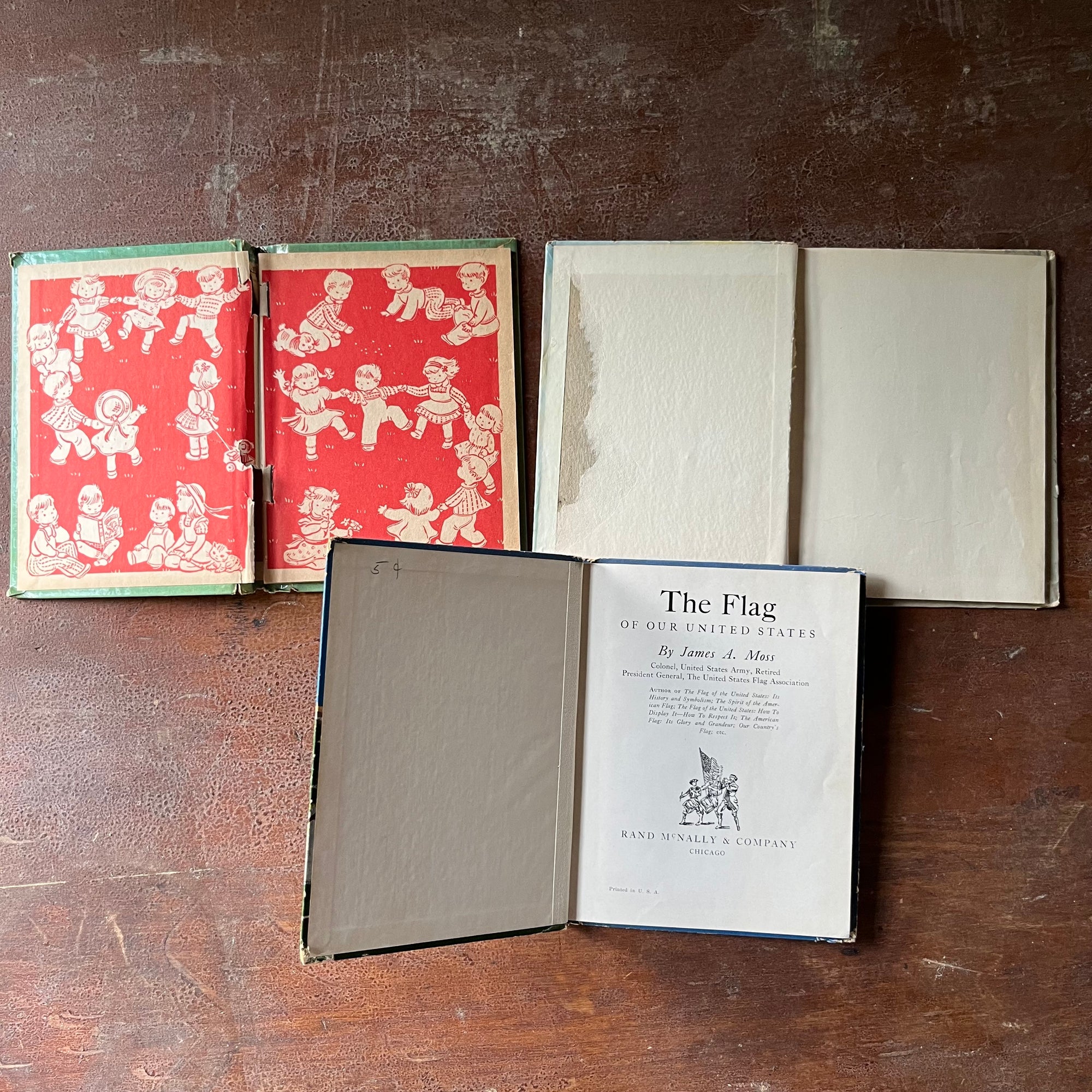 vintage children's picture books, Rand McNally Book - We Love America, The Star Spangled Banner, The Flag of the United States - view of the inside covers