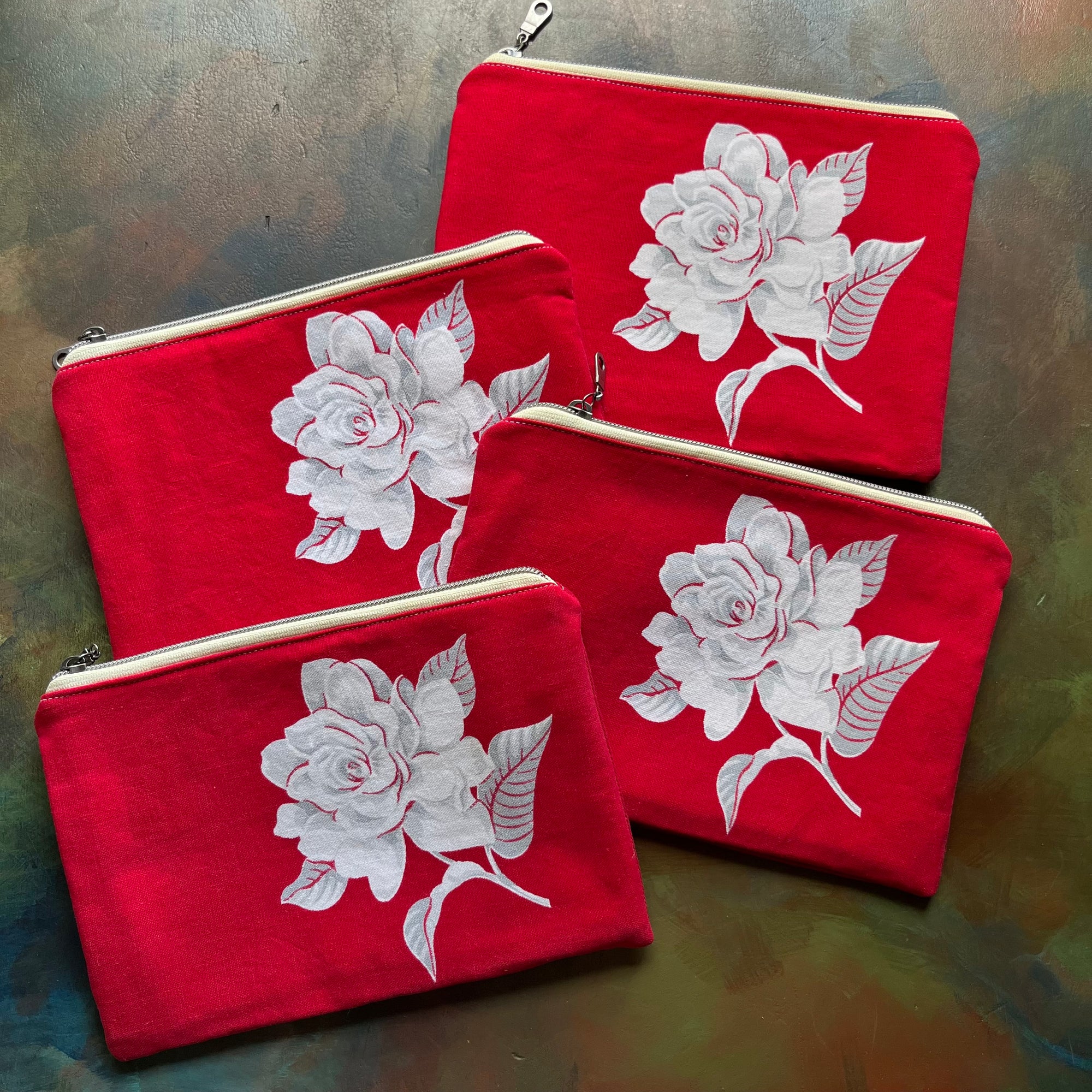 Wilendur White Rose on Red Oversized Pencil Case - Small Clutch
