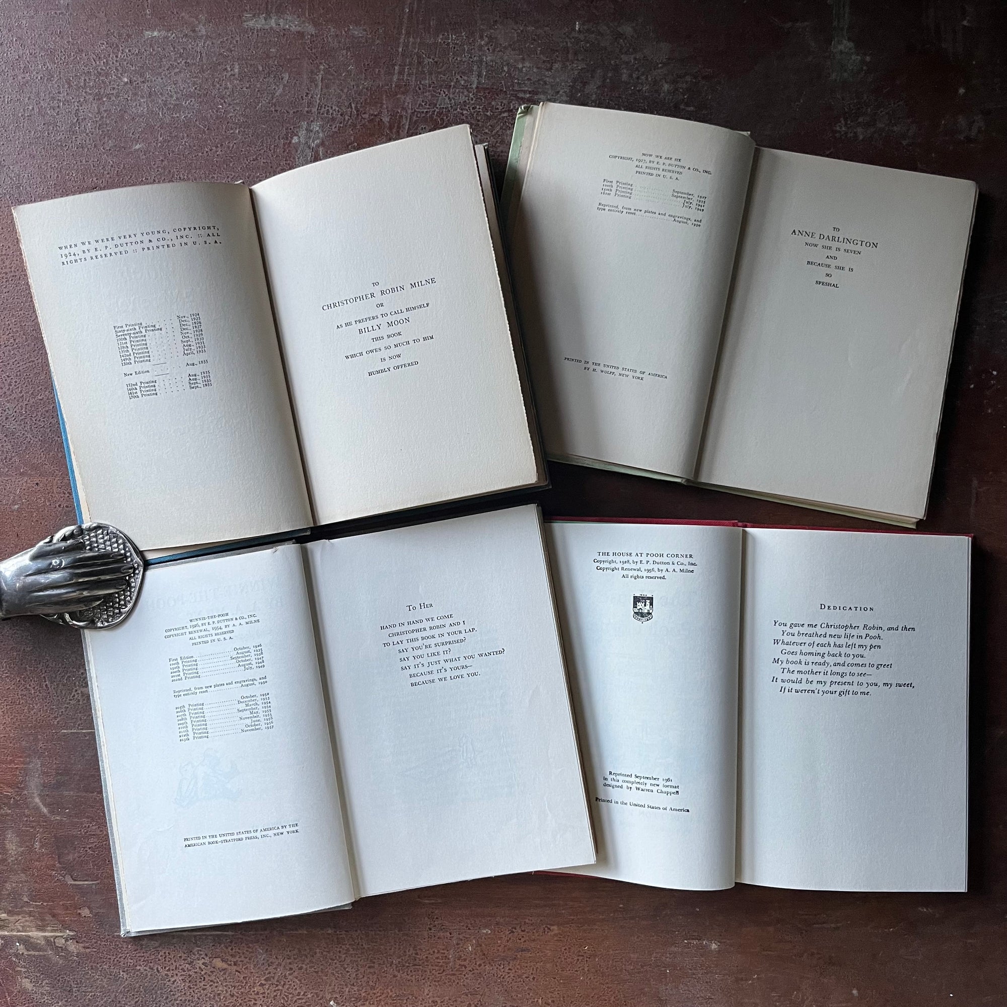 vintage children's storybooks, Winnie the Pooh, The House at Pooh Corner, When We Were Very Young & Now We are Six - Winnie the Pooh Four Book Set written by A. A. Milne with illustrations by Earnest H. Shepard - view of the copyright and dedications pages