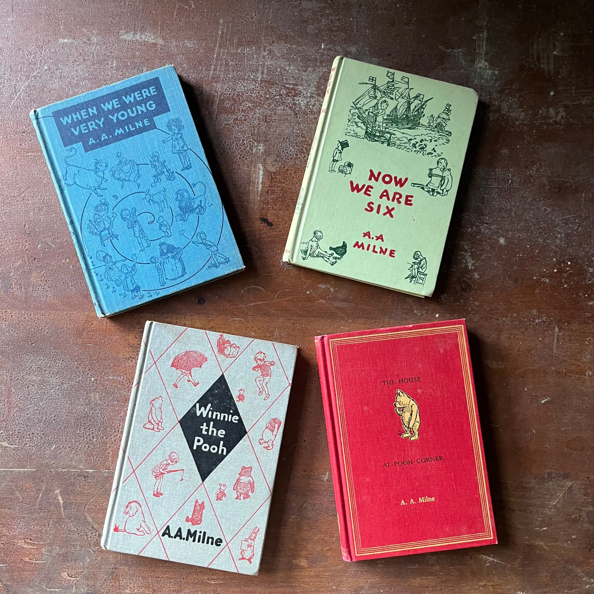 vintage children's storybooks, Winnie the Pooh, The House at Pooh Corner, When We Were Very Young & Now We are Six - Winnie the Pooh Four Book Set written by A. A. Milne with illustrations by Earnest H. Shepard - view of the front covers