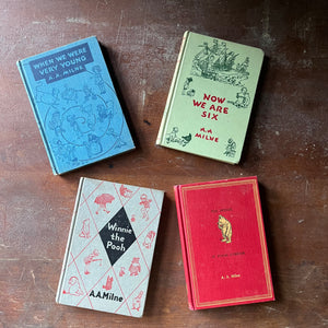 vintage children's storybooks, Winnie the Pooh, The House at Pooh Corner, When We Were Very Young & Now We are Six - Winnie the Pooh Four Book Set written by A. A. Milne with illustrations by Earnest H. Shepard - view of the front covers