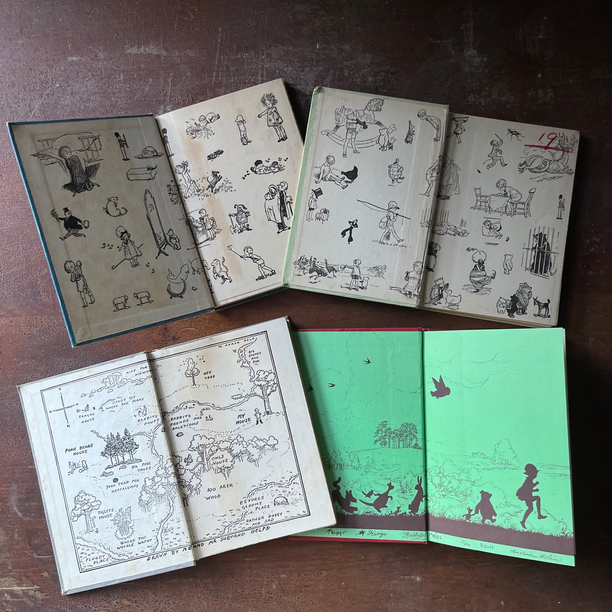 vintage children's storybooks, Winnie the Pooh, The House at Pooh Corner, When We Were Very Young & Now We are Six - Winnie the Pooh Four Book Set written by A. A. Milne with illustrations by Earnest H. Shepard - view of the inside covers