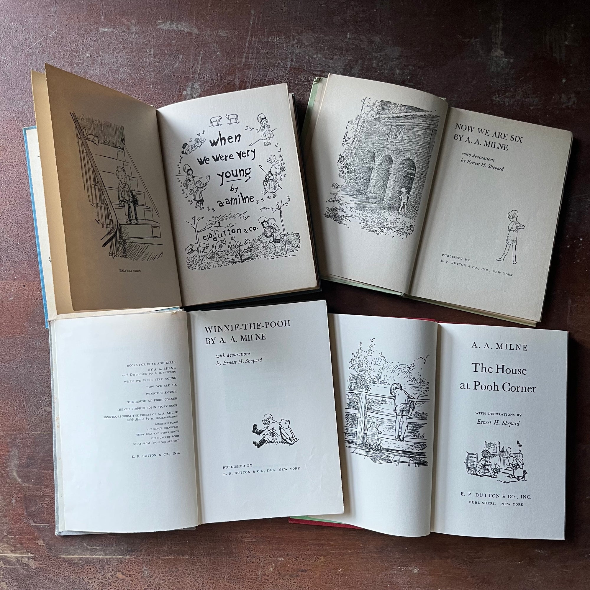 vintage children's storybooks, Winnie the Pooh, The House at Pooh Corner, When We Were Very Young & Now We are Six - Winnie the Pooh Four Book Set written by A. A. Milne with illustrations by Earnest H. Shepard - view of the title pages