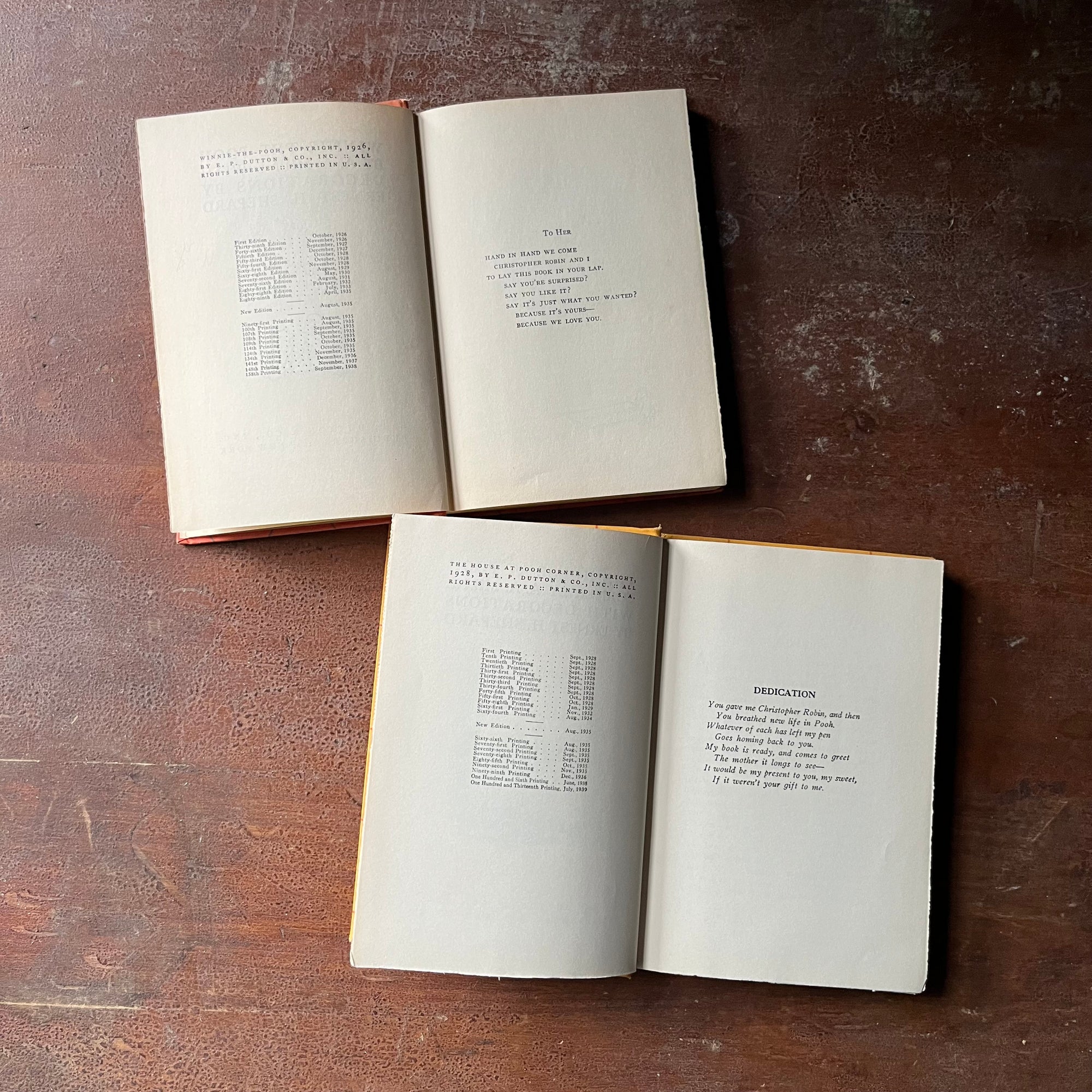 vintage children's short stories, A. A. Milne Book Set - Winnie the Pooh and The House at Pooh Corner written by A. A. Milne with illustrations by Ernest H. Shepard - view of the copyright & dedication pages