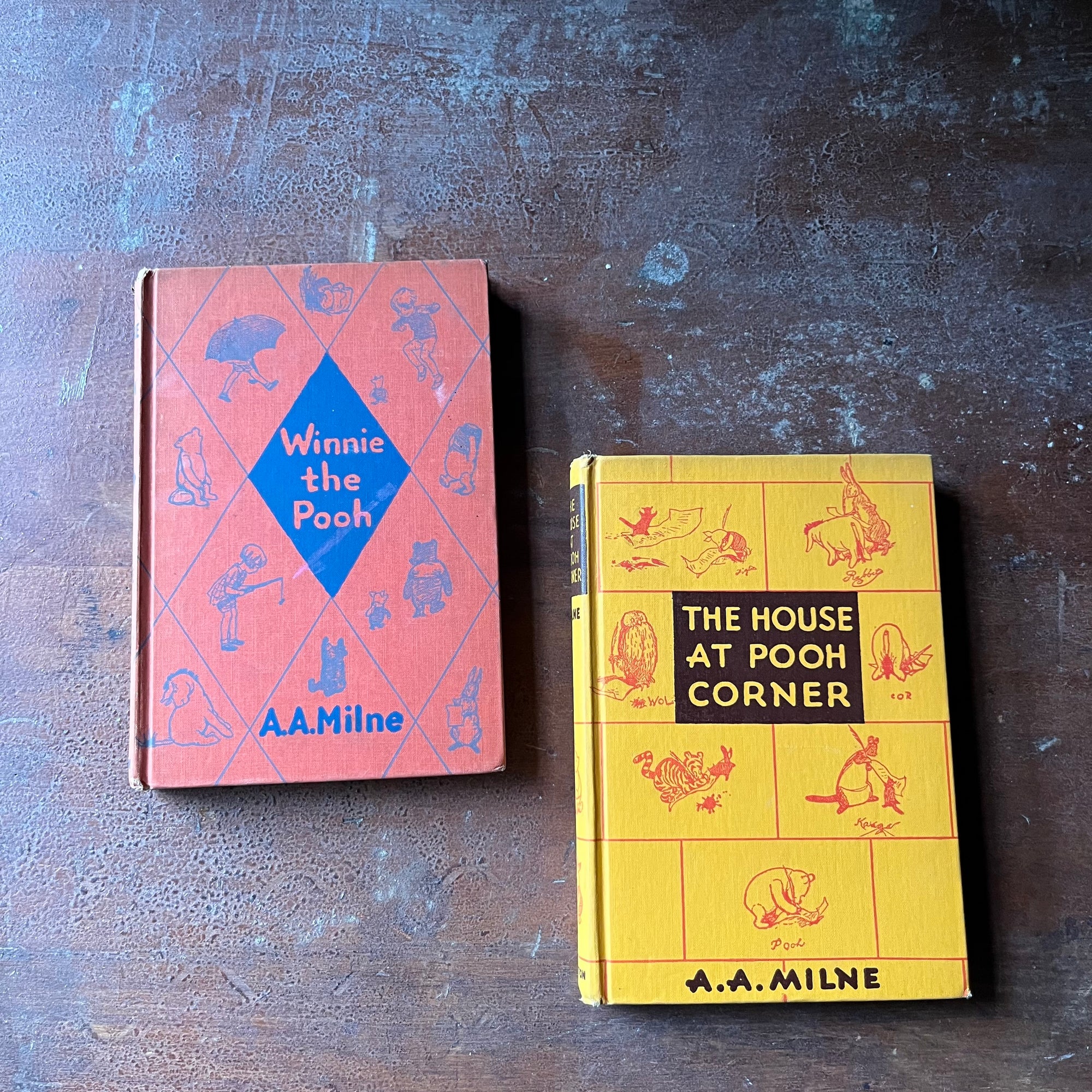 vintage children's short stories, A. A. Milne Book Set - Winnie the Pooh and The House at Pooh Corner written by A. A. Milne with illustrations by Ernest H. Shepard - view of the front covers