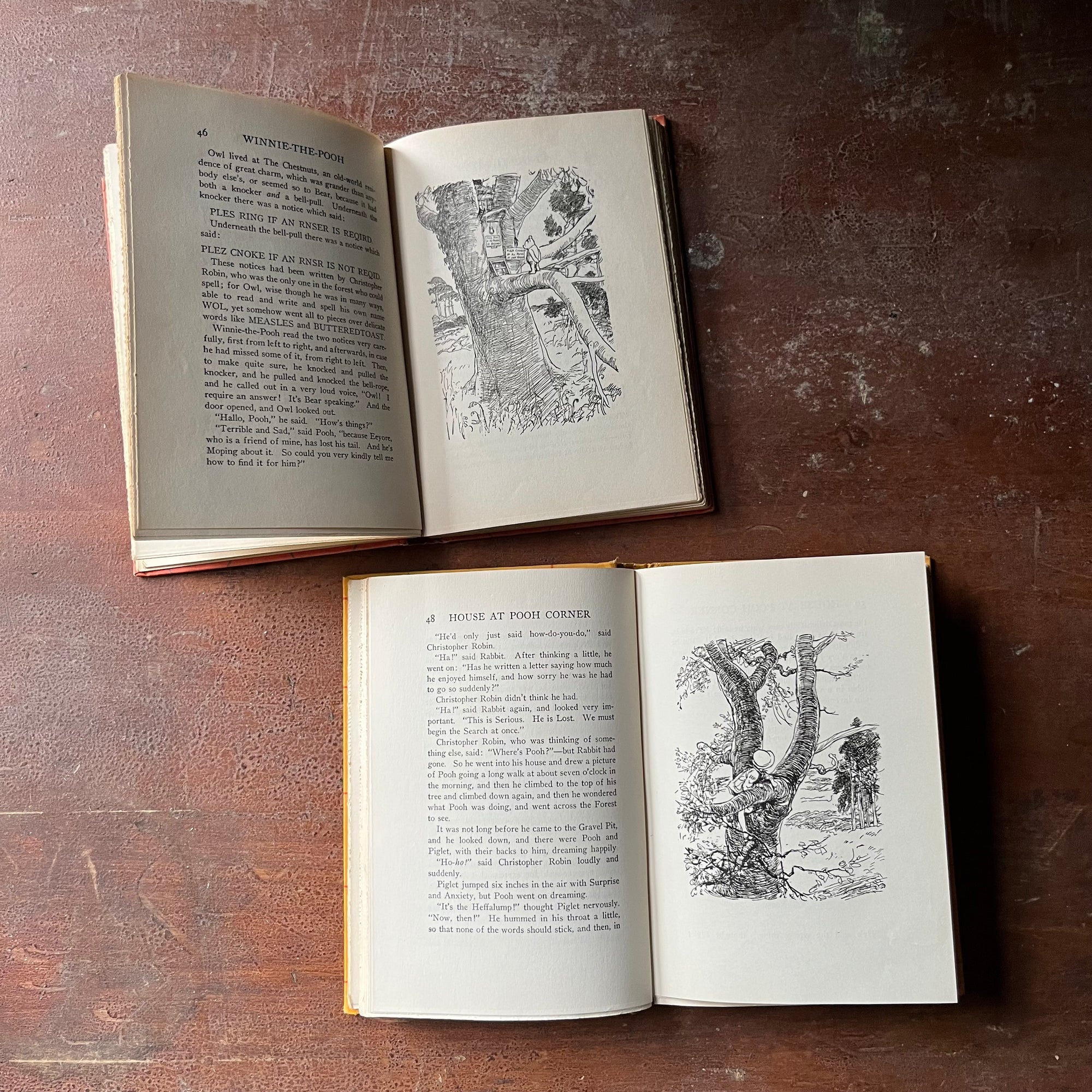 vintage children's short stories, A. A. Milne Book Set - Winnie the Pooh and The House at Pooh Corner written by A. A. Milne with illustrations by Ernest H. Shepard - view of the illustrations