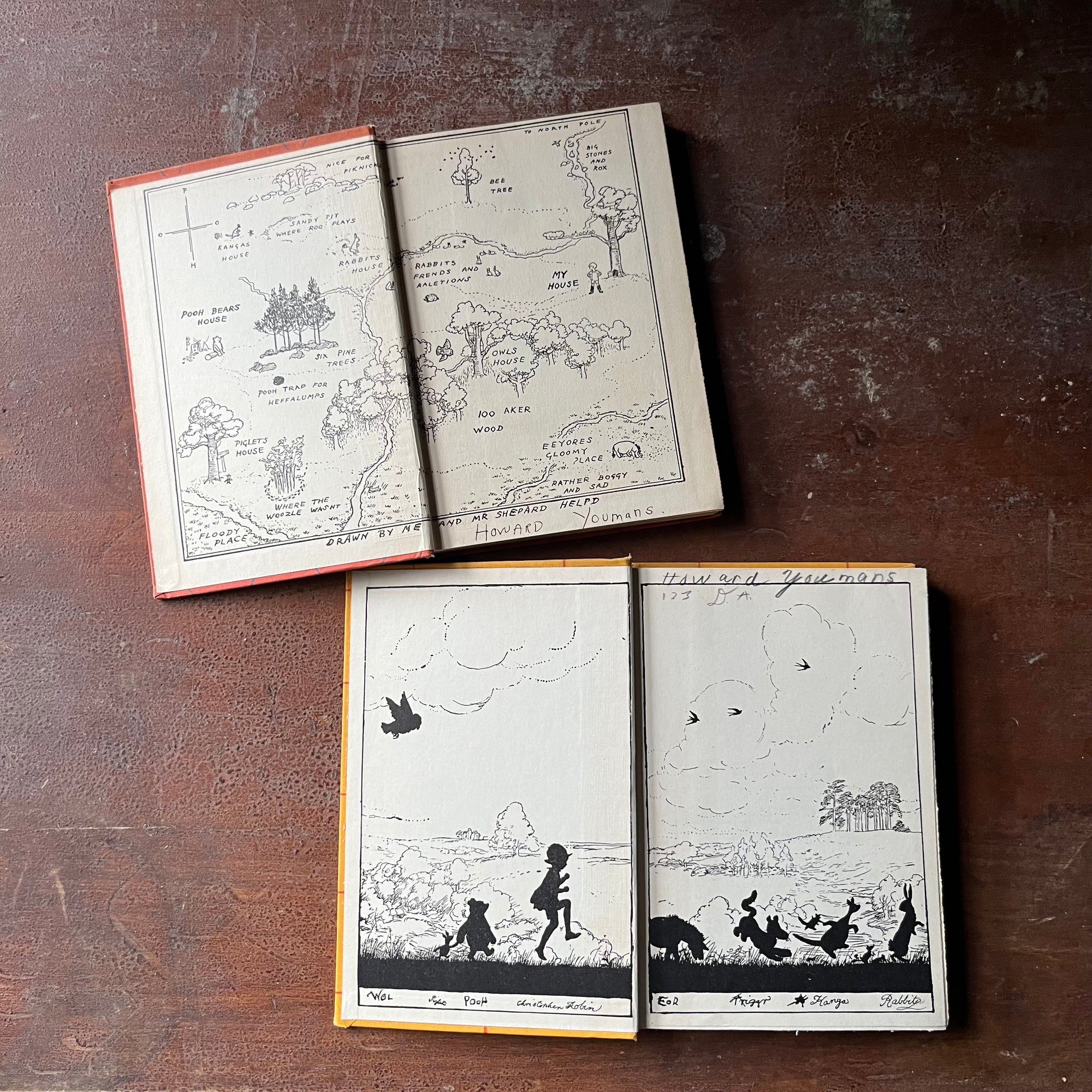 vintage children's short stories, A. A. Milne Book Set - Winnie the Pooh and The House at Pooh Corner written by A. A. Milne with illustrations by Ernest H. Shepard - view of the inside covers