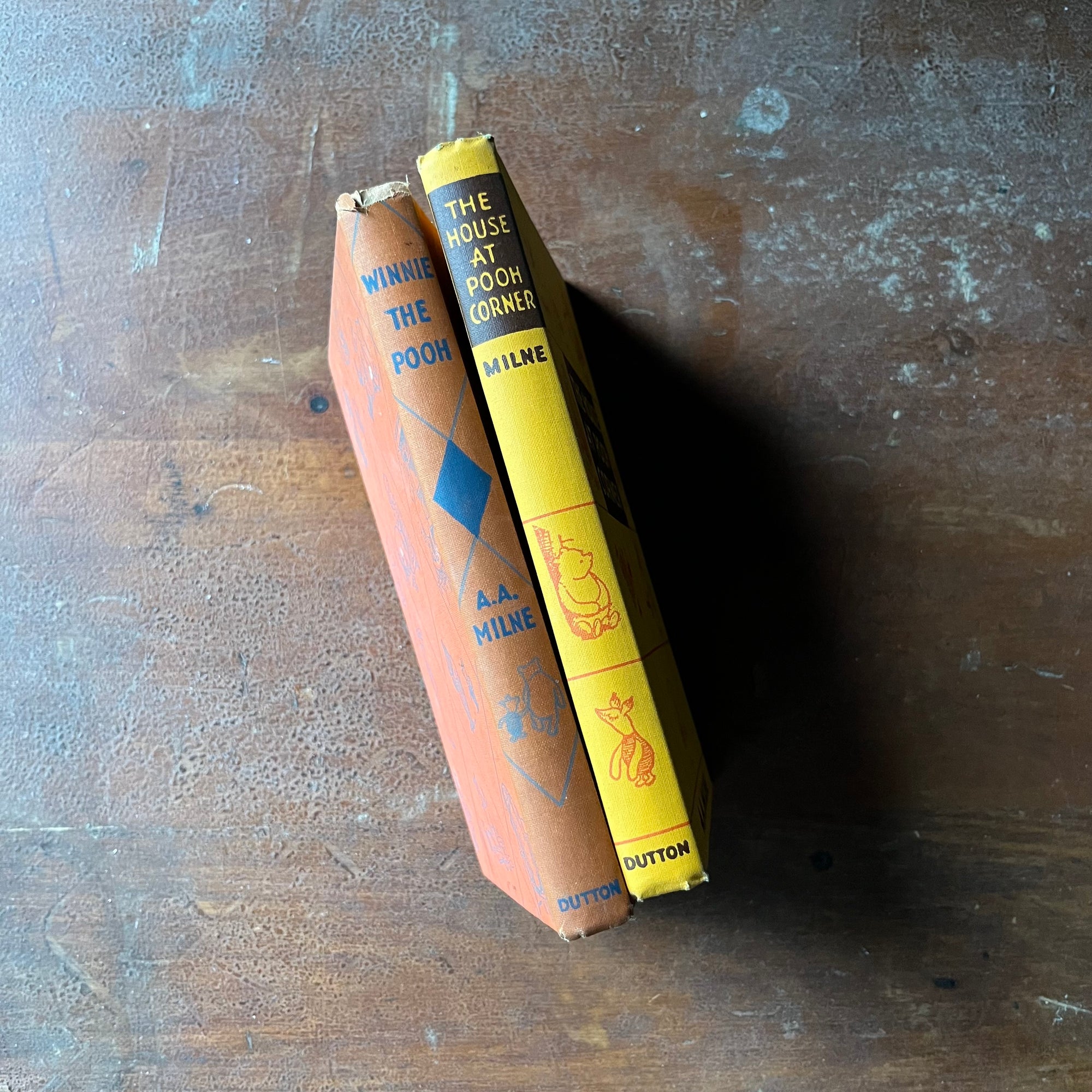 vintage children's short stories, A. A. Milne Book Set - Winnie the Pooh and The House at Pooh Corner written by A. A. Milne with illustrations by Ernest H. Shepard - view of the spines