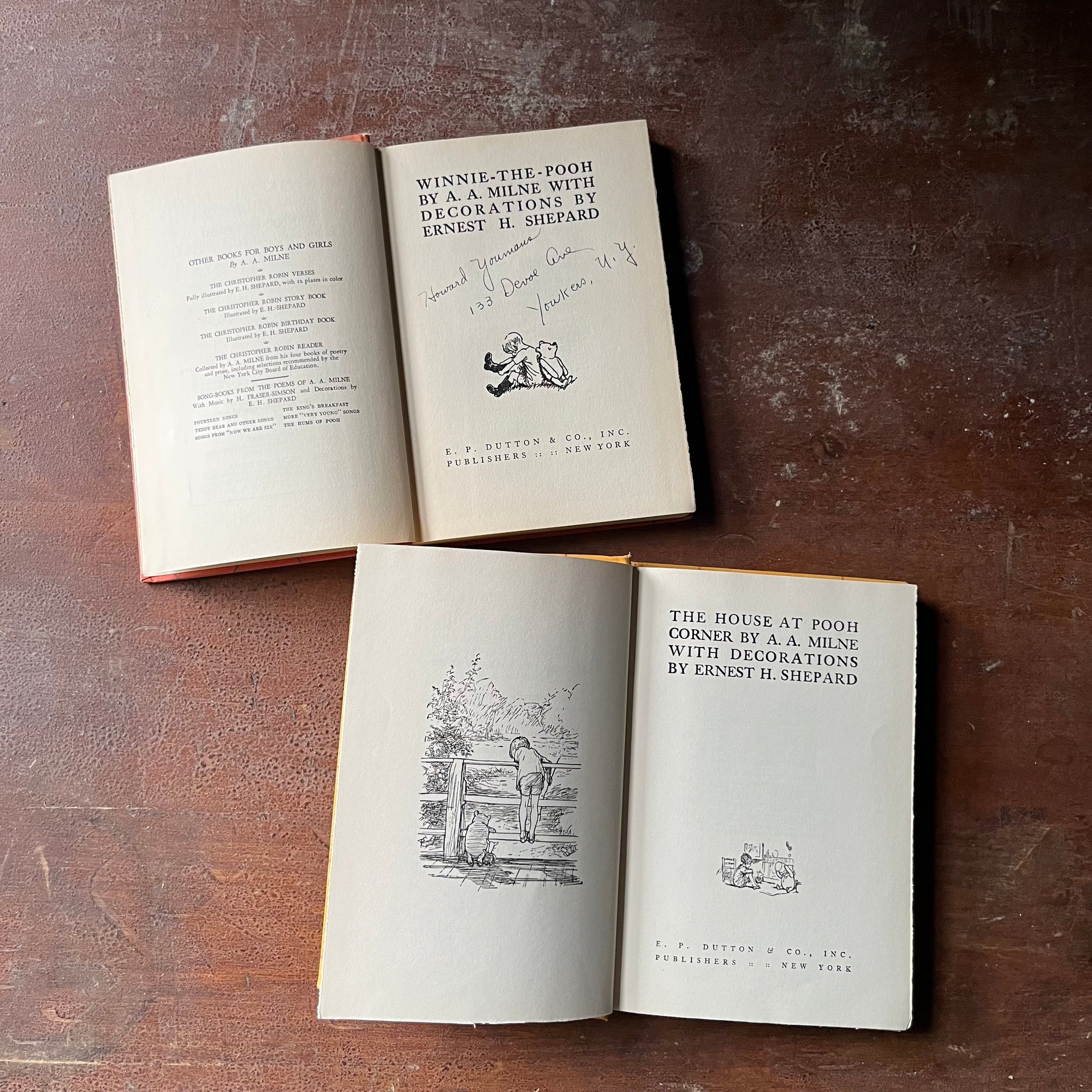 vintage children's short stories, A. A. Milne Book Set - Winnie the Pooh and The House at Pooh Corner written by A. A. Milne with illustrations by Ernest H. Shepard - view of the title pages