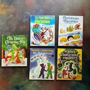 Wonder Books Christmas Picture Book Collection-vintage picture books-The Littlest Christmas Tree, The Night Before Christmas, Christmas Favorites, Merry Christmas Mr. Snowman!, and Polly's Christmas Present-view of the front covers