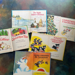 Wonder Books Christmas Picture Book Collection-vintage picture books-The Littlest Christmas Tree, The Night Before Christmas, Christmas Favorites, Merry Christmas Mr. Snowman!, and Polly's Christmas Present-view of the title pages