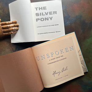 Set of three Wordless Picture Books Set–The Silver Pony by Lyn Ward, Unspoken by Henry Cole, and The Story of a Farm by John S. Goodall- Illustrated Children’s Books-view of the title pages of Unspoken and The Silver Pony