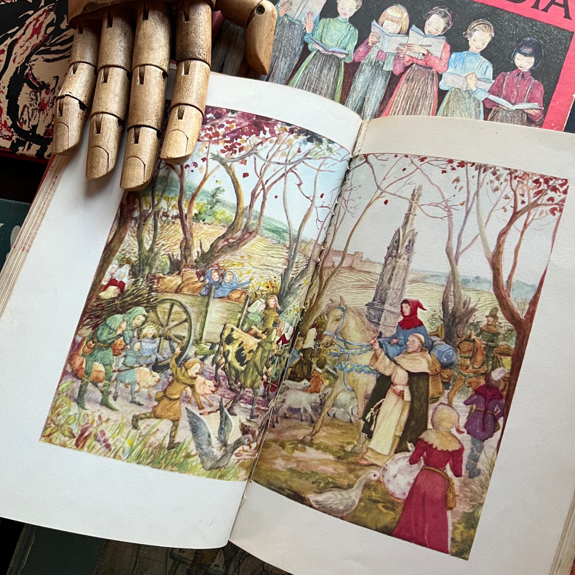 Yonie Wondernose-Henner's Lydia-Bright April-Thee, Hannah!-Skippack School-The Door in the Wall-written and illustrated by Marguerite de Angeli-Newbery Award Winner-ex-library bound editions-view of the full-color, full-page illustrations