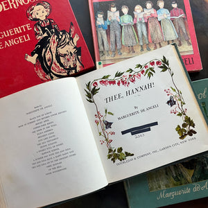 Yonie Wondernose-Henner's Lydia-Bright April-Thee, Hannah!-Skippack School-The Door in the Wall-written and illustrated by Marguerite de Angeli-Newbery Award Winner-ex-library bound editions-view of the title pages