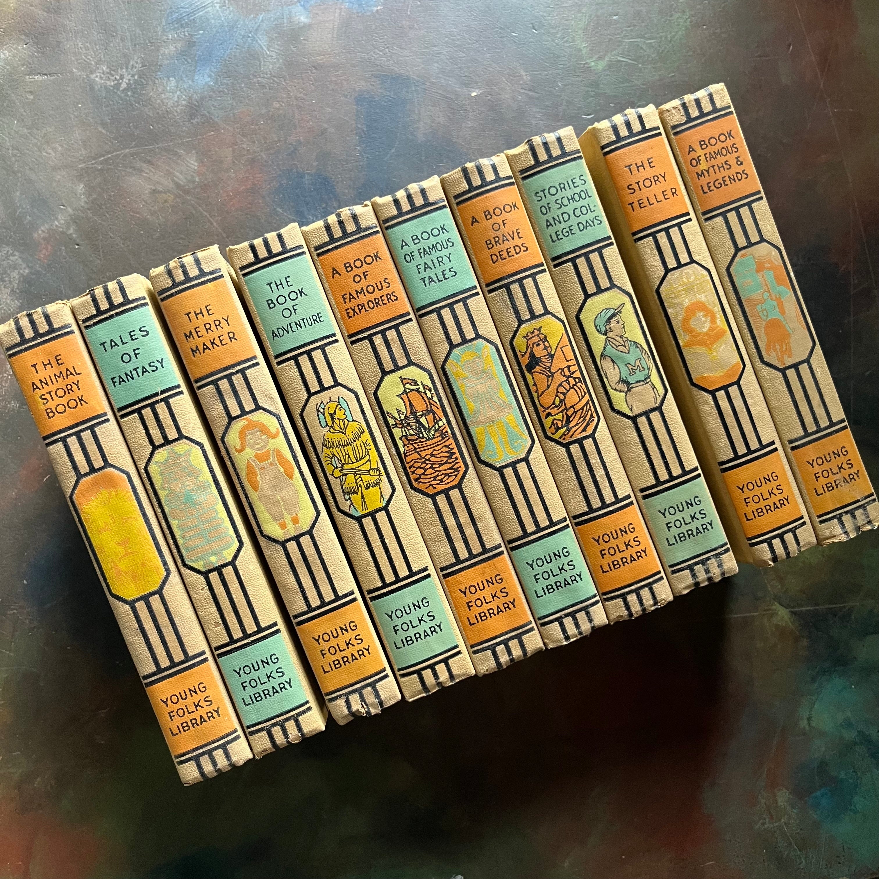  Young Folks Library Complete 10 Volume Book Set-anthology of children's literature-vintage children's stories-view of the colorful spines in orange, yellow and blue designs consistent throughout the set