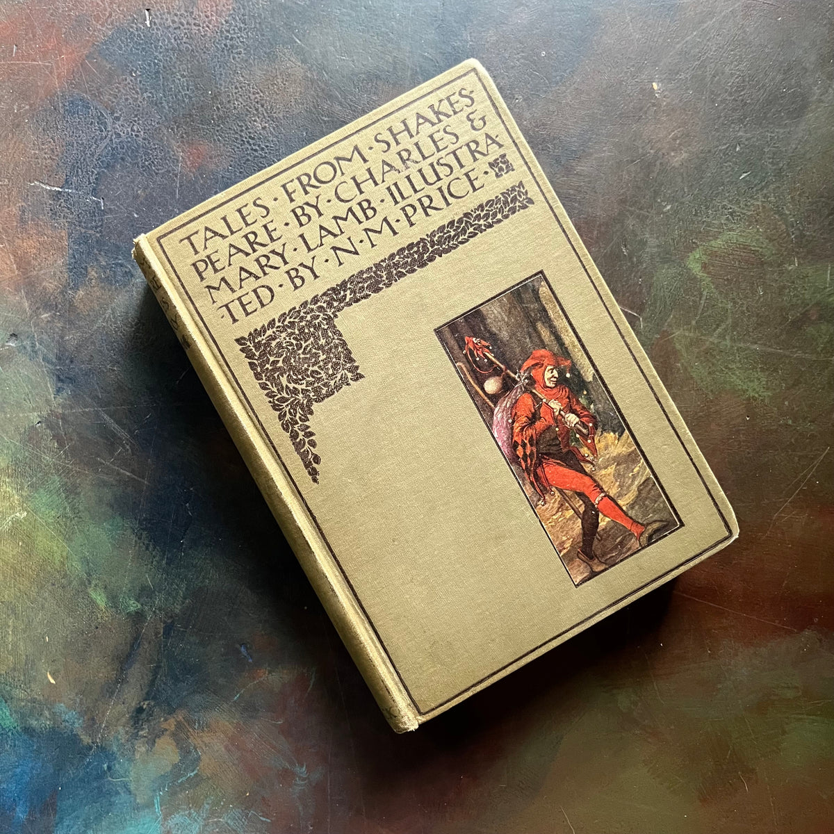 antique book-William Shakespear - Tales from Shakespeare by Charles & Mary Lamb-1924 edition-classic literature-view of the front cover with a jester illustration