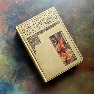 antique book-William Shakespear - Tales from Shakespeare by Charles & Mary Lamb-1924 edition-classic literature-view of the front cover with a jester illustration