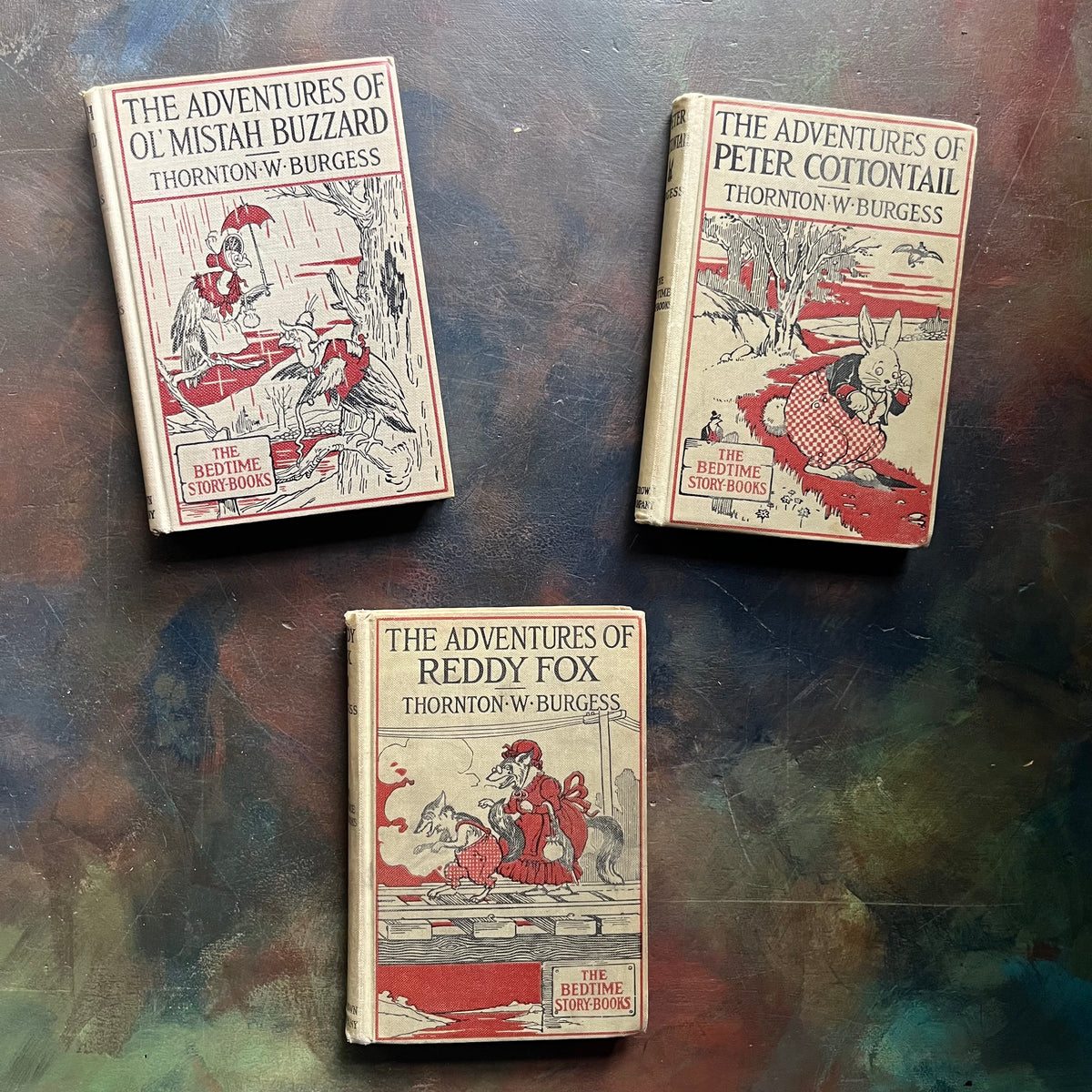 Set of three illustrated Thornton Burgess Bedtime Story-Books-The Adventures of Reddy Fox-The Adventures of Peter Cottontail, and The Adventures of Ol' Mistah Buzzard-vintage children's stories-vintage animal stories written by Thornton W. Burgess and illustrated by Harrison Cady - view of the front covers