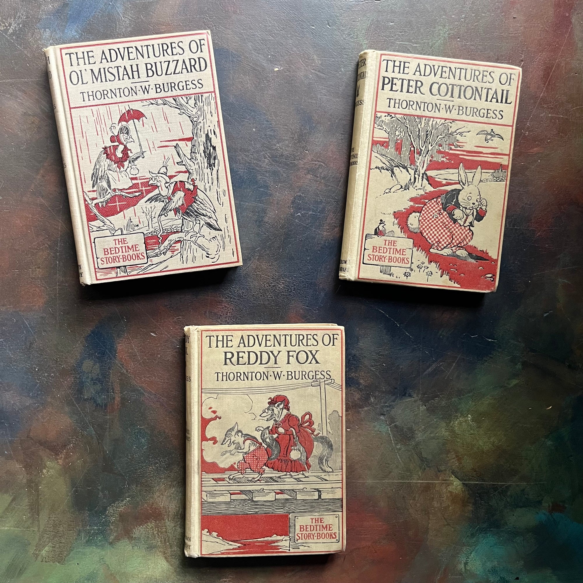 Set of three illustrated Thornton Burgess Bedtime Story-Books-The Adventures of Reddy Fox-The Adventures of Peter Cottontail, and The Adventures of Ol' Mistah Buzzard-vintage children's stories-vintage animal stories written by Thornton W. Burgess and illustrated by Harrison Cady - view of the front covers