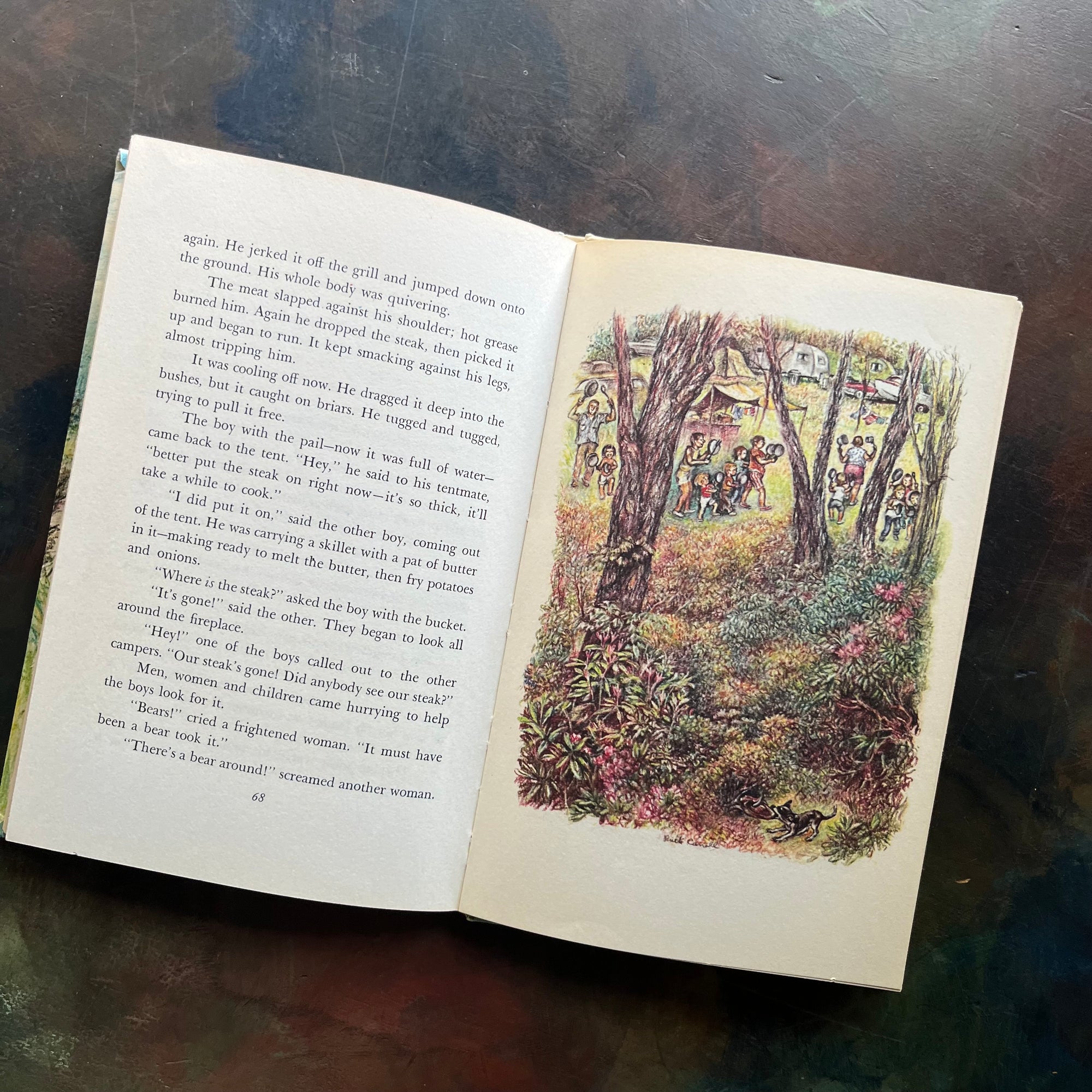 Runaway Pony, Runaway Dog written by Ruth and Latrobe Carroll with illustrations by Ruth Carroll-vintage weekly reader early chapter book-view of the little dog on the edge of the woods with children playing nearby in what looks like a camping site