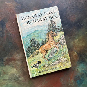Runaway Pony, Runaway Dog written by Ruth and Latrobe Carroll with illustrations by Ruth Carroll-vintage weekly reader early chapter book-view of the front cover depicting a little dog and pony running up a hill with a mountain in the background