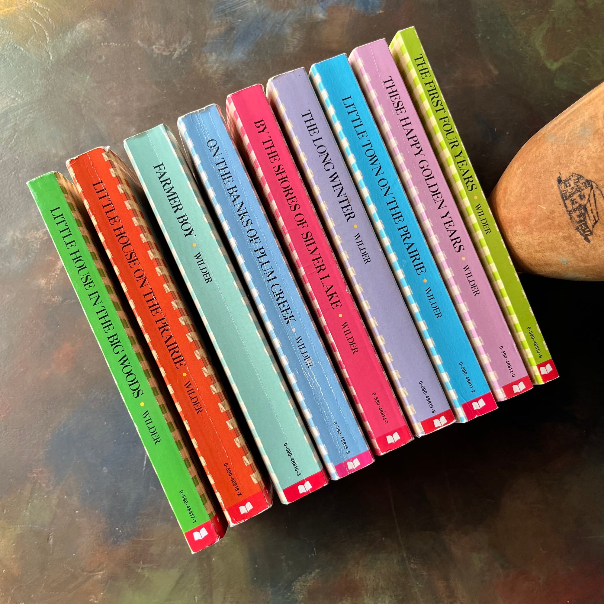 Log Cabin Vintage – vintage children’s book, children’s book, chapter book, scholastic books - Little House on the Prairie Complete Book Set written by Laura Ingalls Wilder with Illustrations by Garth Williams – view of the spines