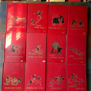 vintage children's storybook set-The Children's Hour Complete 16 Volume Book Set-spines-Sears, Roebuck and Company Exclusive-view of the front covers - note the damage where stickers were removed