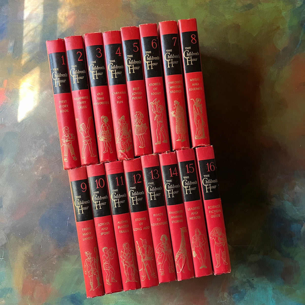vintage children's storybook set-The Children's Hour Complete 16 Volume Book Set-spines-Sears, Roebuck and Company Exclusive-view of the spines