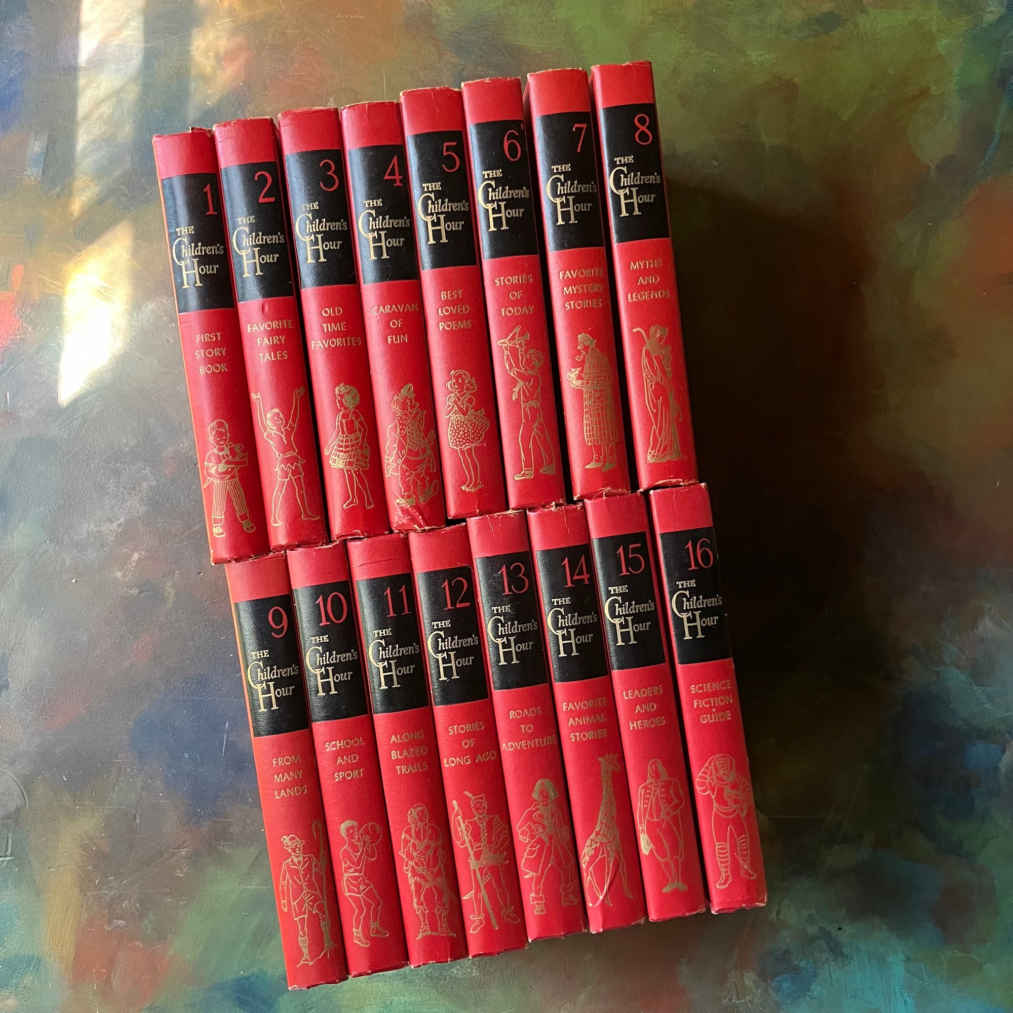 vintage children's storybook set-The Children's Hour Complete 16 Volume Book Set-spines-Sears, Roebuck and Company Exclusive-view of the spines