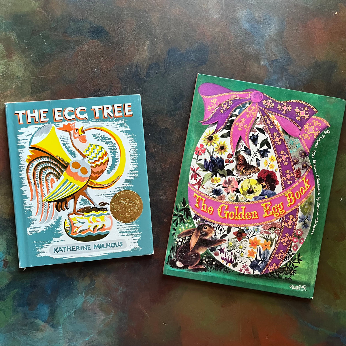 vintage children's Easter picture books-The Egg Tree written & illustrated by Katherine Milhous and The Golden Egg Book written by Margaret Wise Brown with illustrations by Leonard Weisgard-view of the front covers showing a dust jacket on The Egg Tree
