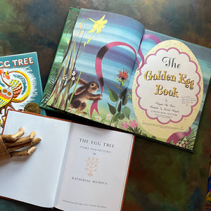 vintage children's Easter picture books-The Egg Tree written & illustrated by Katherine Milhous and The Golden Egg Book written by Margaret Wise Brown with illustrations by Leonard Weisgard-view of the title pages 