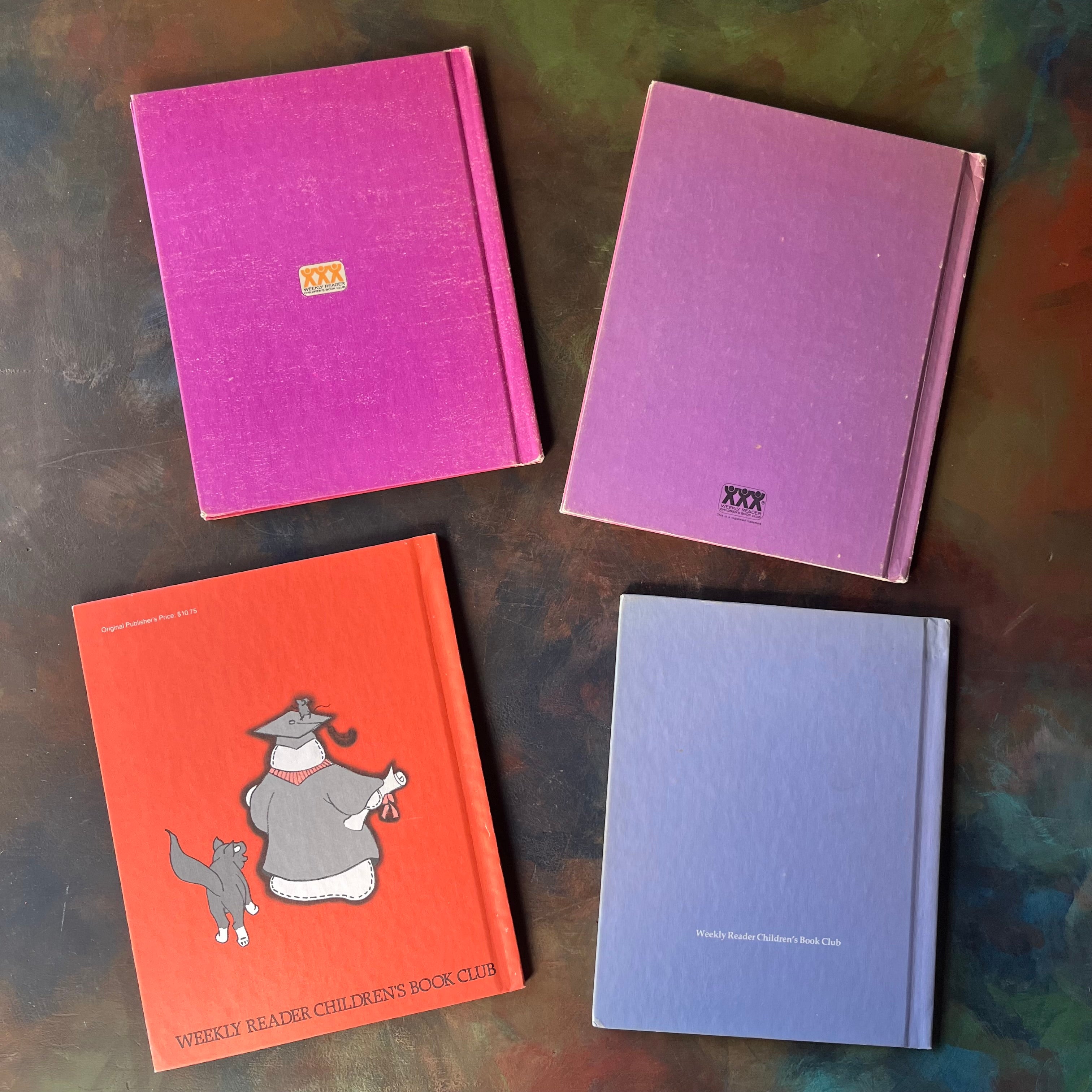 vintage children's picture books - Gus The Ghost Book Set Written by Jane Thayer with illustrations by Seymour Fleishman & Joyce Audy dos Santos: Gus Was a Friendly Ghost, Gus and the Baby Ghost, Gus Goes to School, and Gus Was a Gorgeous Ghost-view of the back covers