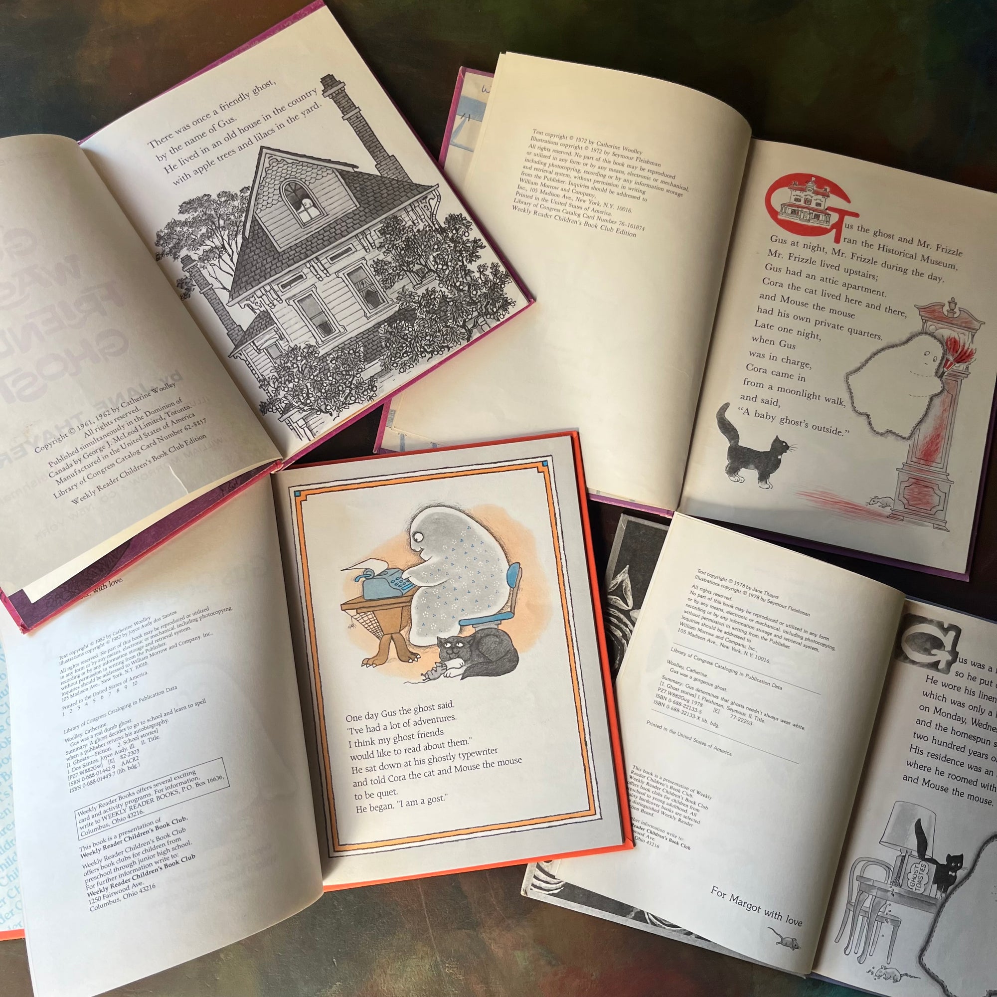 vintage children's picture books - Gus The Ghost Book Set Written by Jane Thayer with illustrations by Seymour Fleishman & Joyce Audy dos Santos: Gus Was a Friendly Ghost, Gus and the Baby Ghost, Gus Goes to School, and Gus Was a Gorgeous Ghost-view of the copyright pages