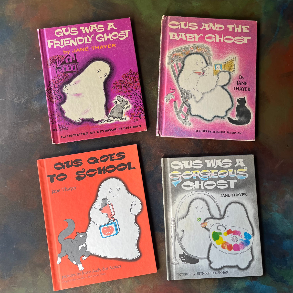 vintage children's picture books - Gus The Ghost Book Set Written by Jane Thayer with illustrations by Seymour Fleishman & Joyce Audy dos Santos: Gus Was a Friendly Ghost, Gus and the Baby Ghost, Gus Goes to School, and Gus Was a Gorgeous Ghost-view of the front covers