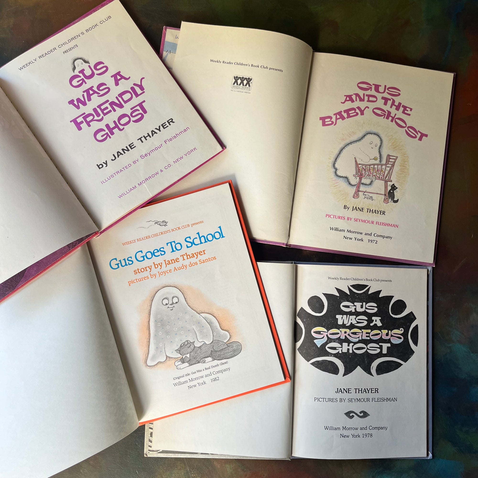 vintage children's picture books - Gus The Ghost Book Set Written by Jane Thayer with illustrations by Seymour Fleishman & Joyce Audy dos Santos: Gus Was a Friendly Ghost, Gus and the Baby Ghost, Gus Goes to School, and Gus Was a Gorgeous Ghost-view of the title pages