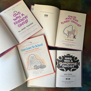 vintage children's picture books - Gus The Ghost Book Set Written by Jane Thayer with illustrations by Seymour Fleishman & Joyce Audy dos Santos: Gus Was a Friendly Ghost, Gus and the Baby Ghost, Gus Goes to School, and Gus Was a Gorgeous Ghost-view of the title pages