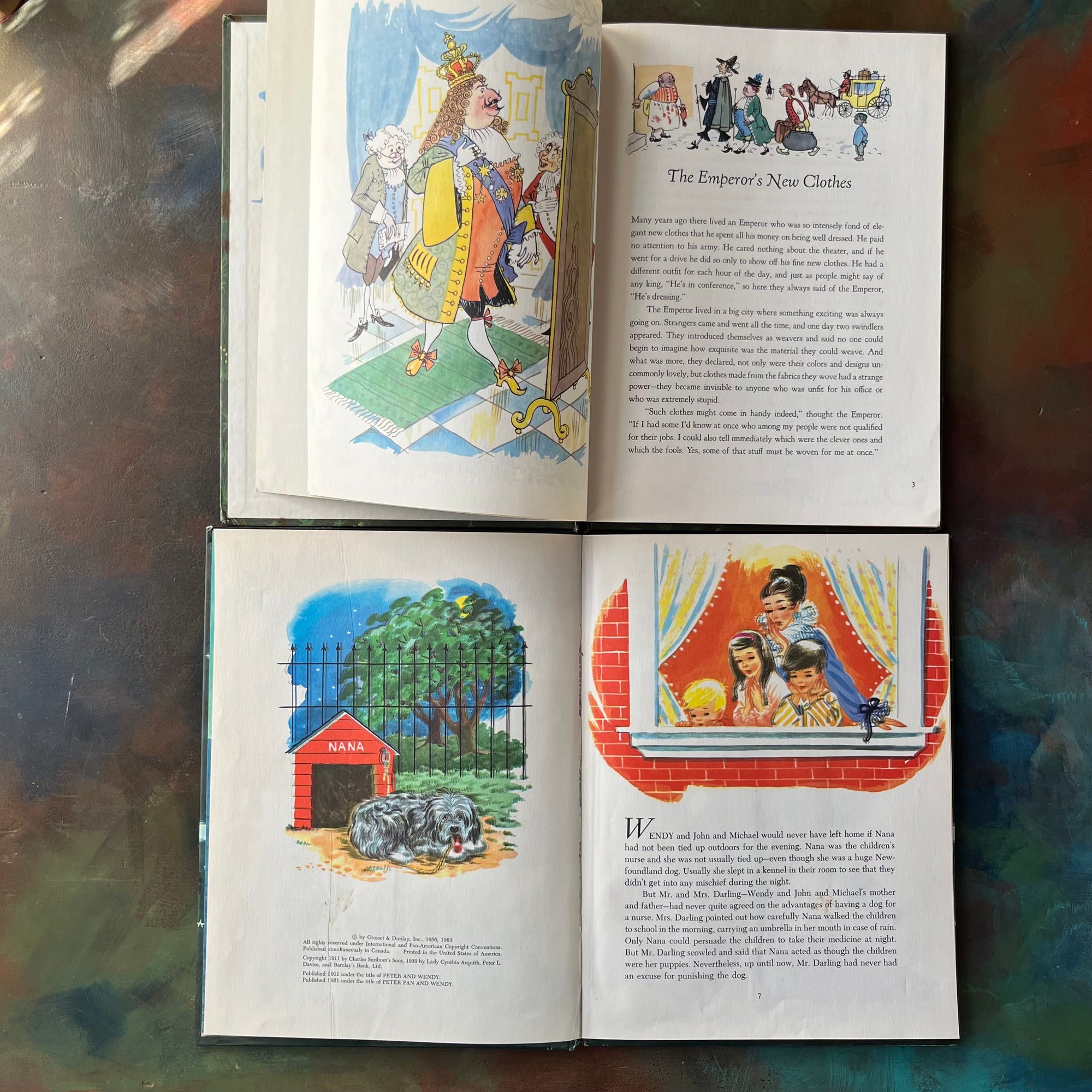 vintage children's picture books by Random House in oversized format:  Peter Pan written by J. M. Barrie and adapted by Phoebe Wilson with Illustrations by Ruth Wood & Andersen's Fairy Tales written by Hans Christian Andersen and Retold by Rose Dobbs with Illustrations by Gustav Hjortlund - view of the copyright page for Peter Pan